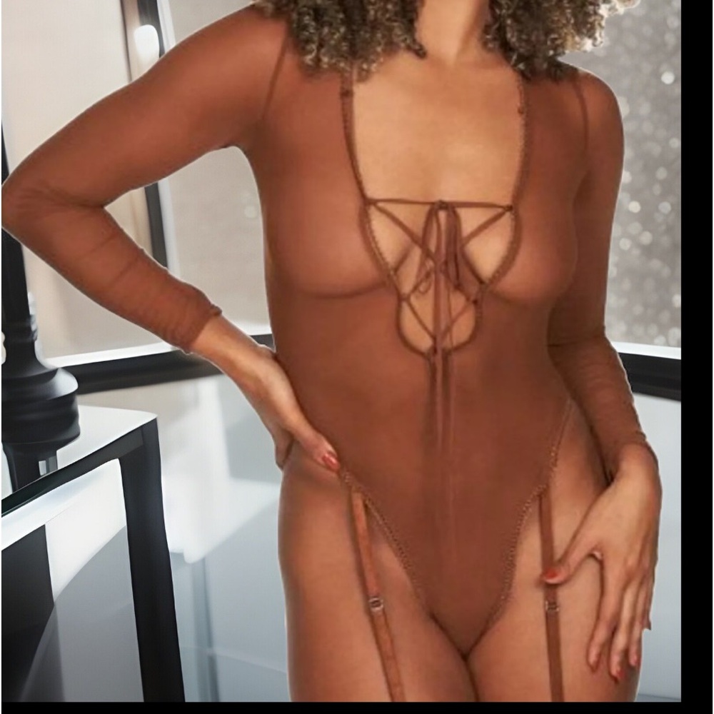 Frederick's of Hollywood Coco Lola Lee Sheer Mesh Teddy Bodysuit Att.Garter Belt